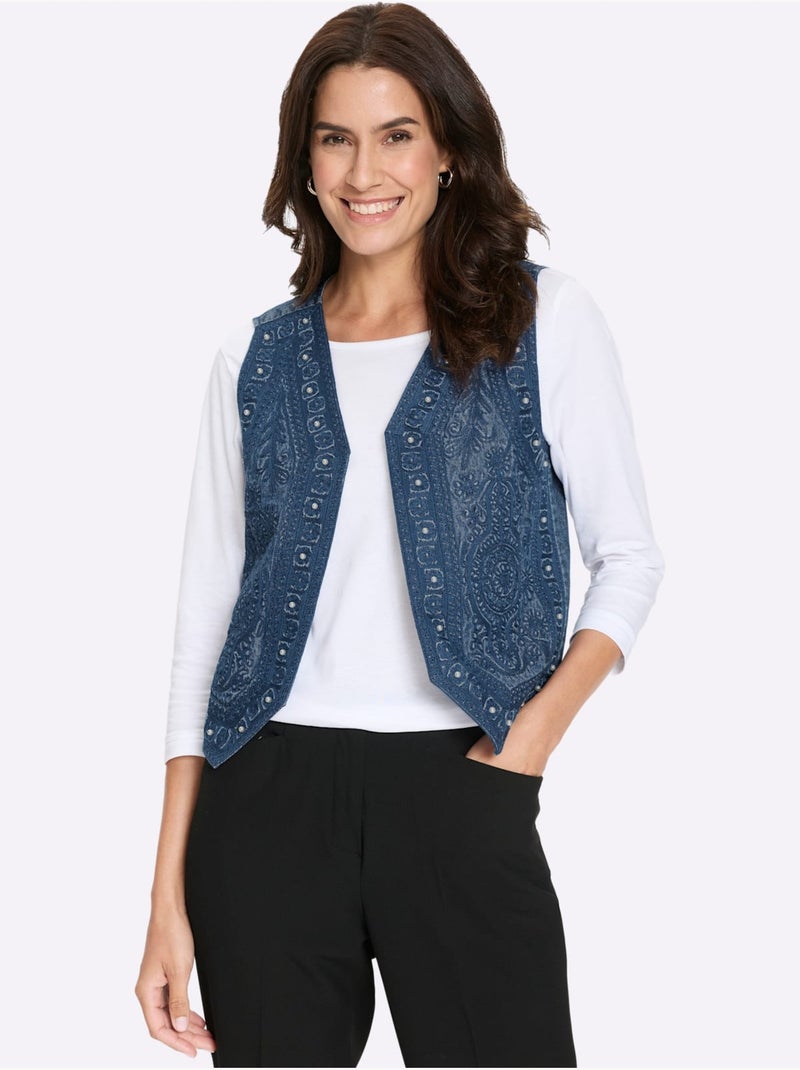 Gilet En Jean Jolie Broderie Florale Avec Perles Décoratives - Taille Standard - Witt Bleu jean - Kiabi