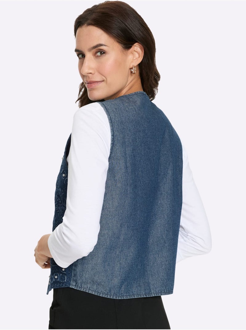 Gilet En Jean Jolie Broderie Florale Avec Perles Décoratives - Taille Standard - Witt Bleu jean - Kiabi