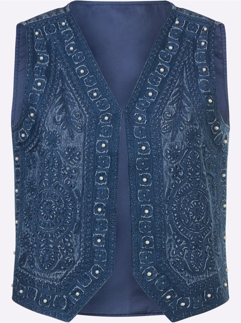 Gilet En Jean Jolie Broderie Florale Avec Perles Décoratives - Taille Standard - Witt Bleu jean - Kiabi