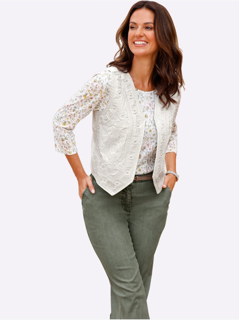 Gilet En Jean Jolie Broderie Florale Avec Perles Décoratives - Taille Standard - Witt Ecru - Kiabi