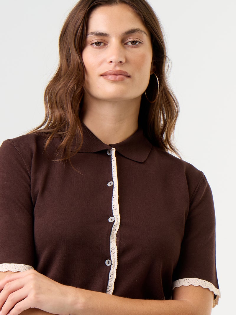 Gilet en maille à manches courtes avec dentelle Marron - Kiabi