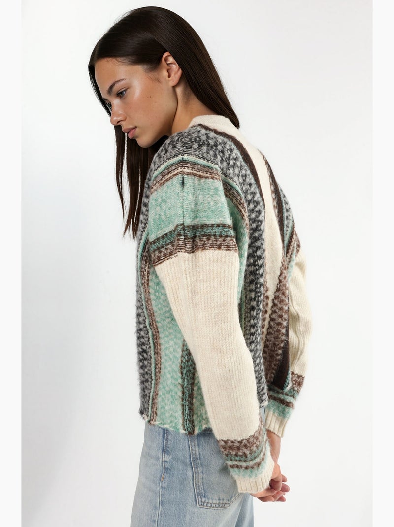 Gilet en maille à motifs et col en v boutonné hiccup Crème - Kiabi