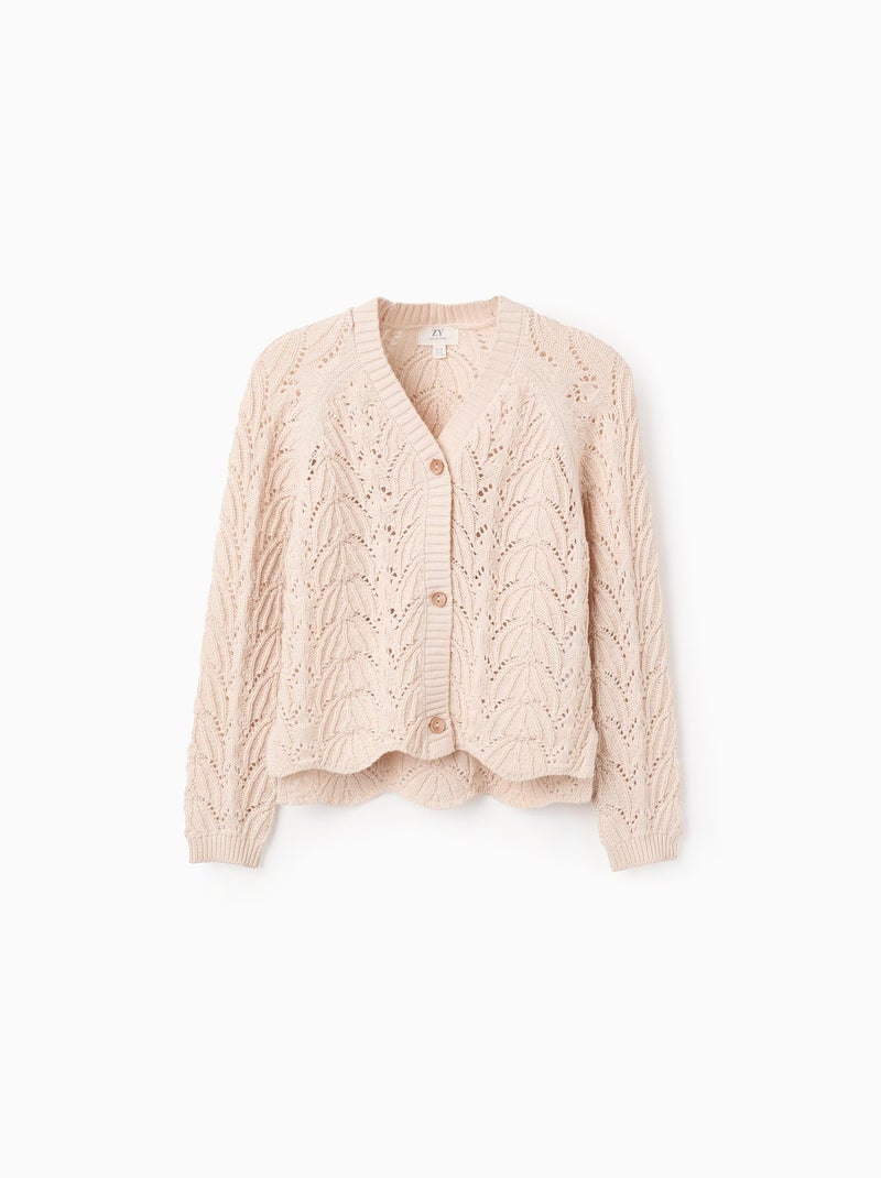 Gilet en Maille Ajourée avec Col en V Beige clair - Kiabi