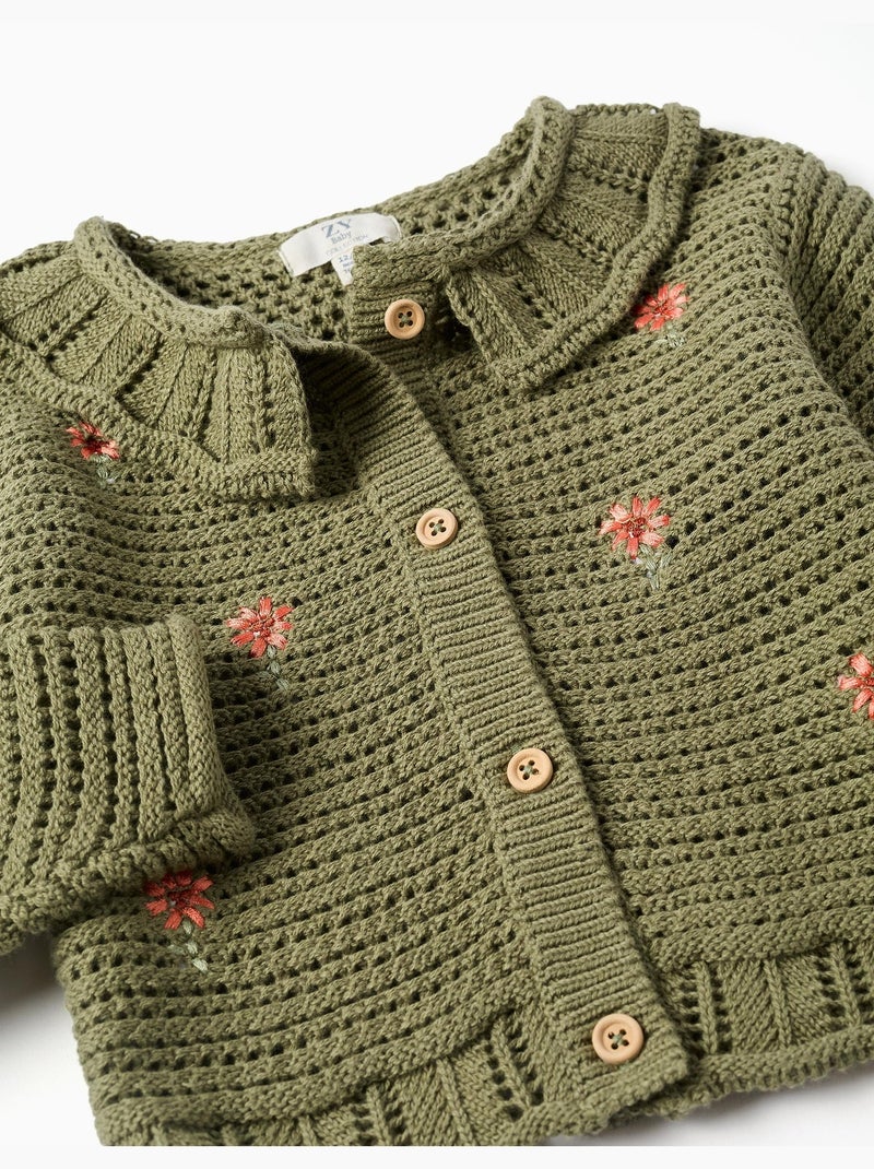 Gilet en maille avec fleurs brodées Vert foncé - Kiabi