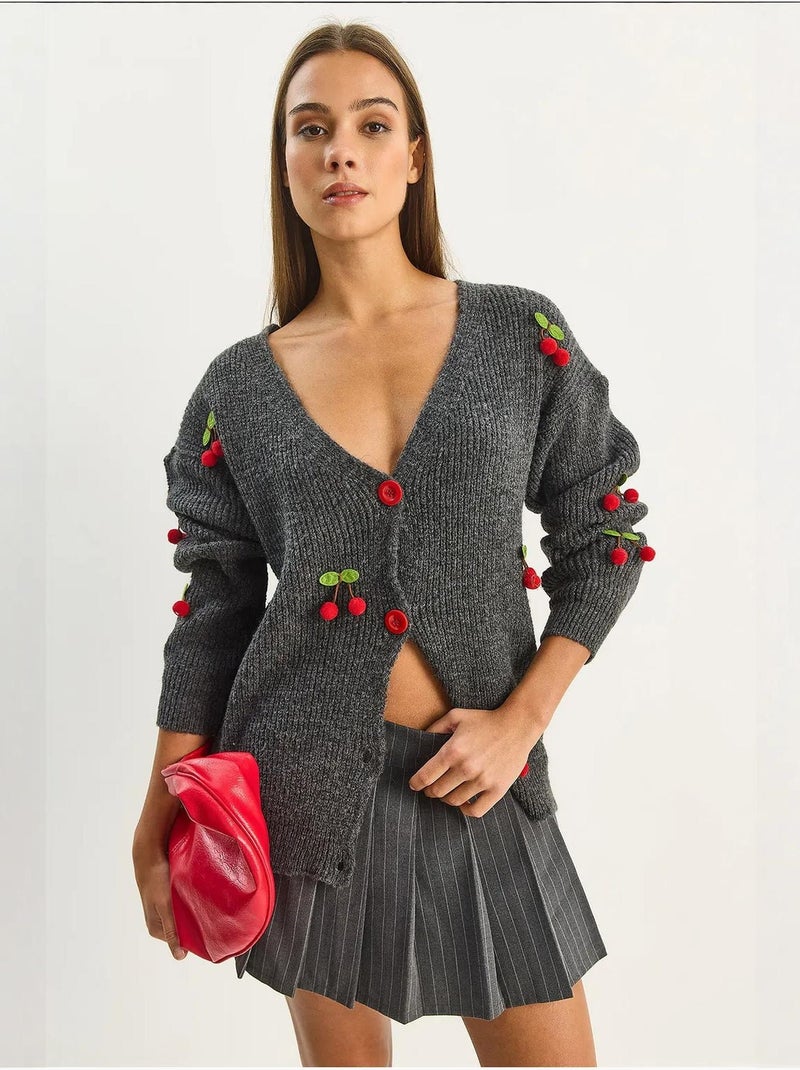 Gilet en maille côtelée à col v avec fermeture boutonnée lucci Gris Noir - Kiabi