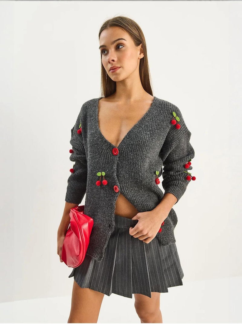 Gilet en maille côtelée à col v avec fermeture boutonnée lucci Gris Noir - Kiabi