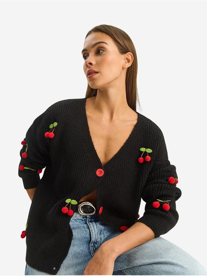 Gilet en maille côtelée à col v avec fermeture boutonnée lucci Noir - Kiabi