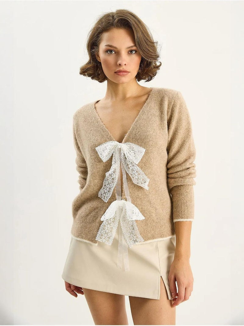 Gilet en maille côtelée à col v et fermeture à nouer lucci Beige argile - Kiabi
