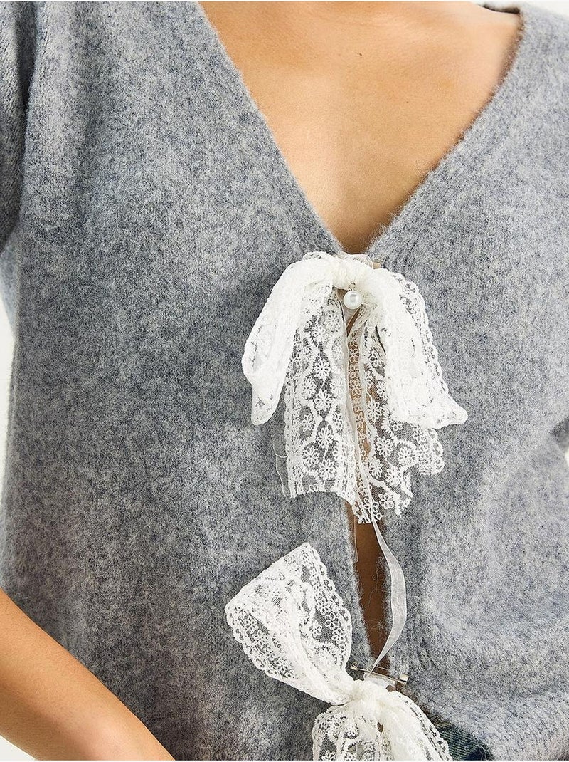 Gilet en maille côtelée à col v et fermeture à nouer lucci Gris - Kiabi
