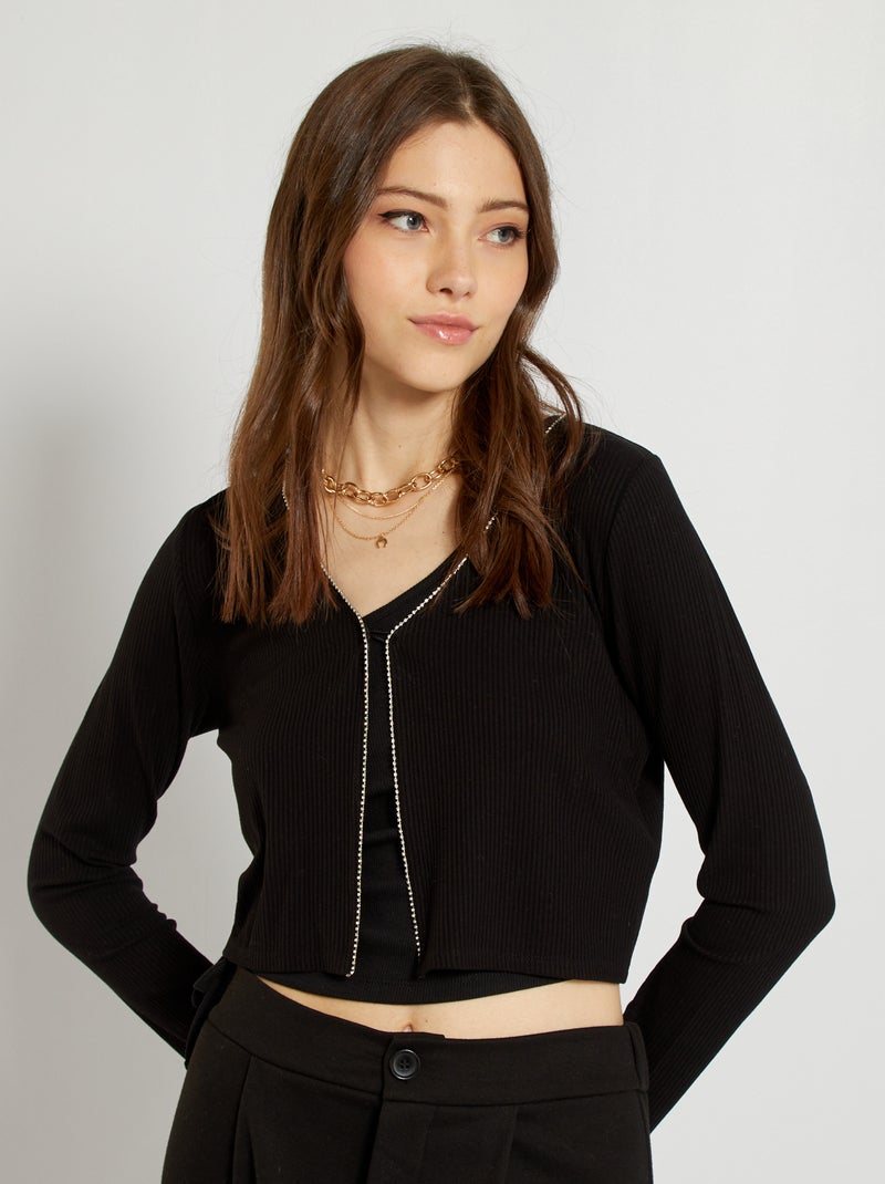 Gilet en maille côtelée à strass noir - Kiabi