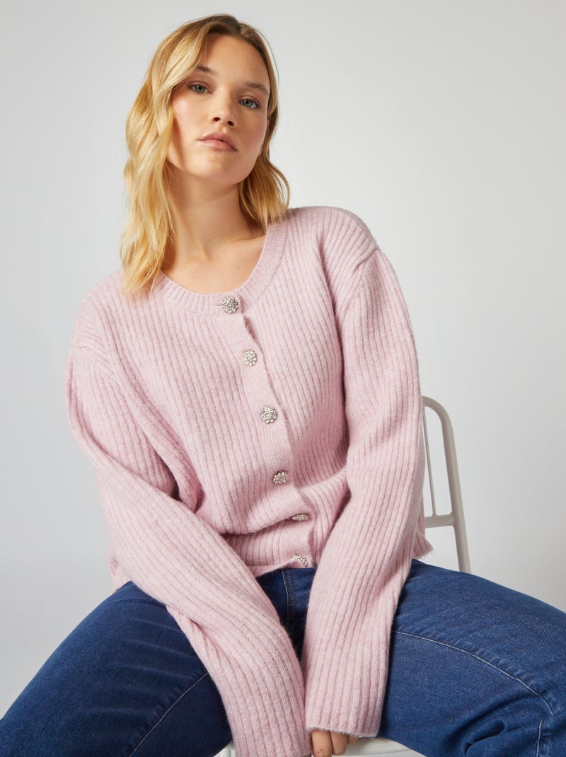 Gilet en maille côtelée avec boutons bijoux Rose - Kiabi