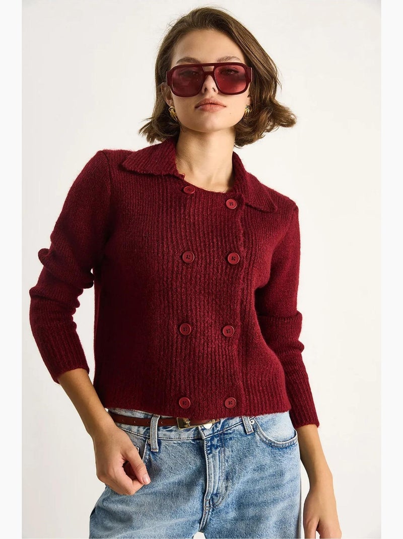 Gilet en maille côtelée avec col chemise et fermeture boutonnée lucci Rouge bordeaux - Kiabi