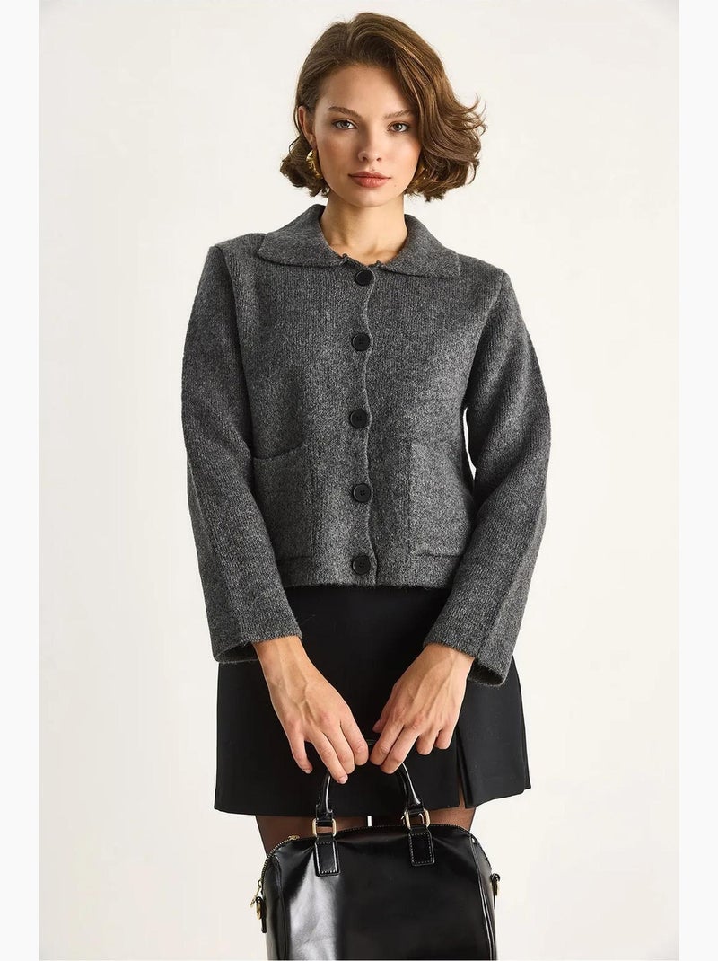 Gilet en maille côtelée avec col chemise et poches lucci Gris Noir - Kiabi
