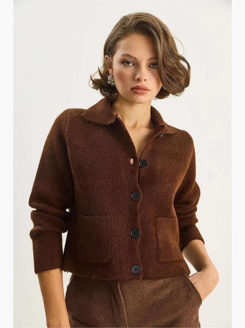 Gilet en maille côtelée avec col chemise et poches lucci Marron foncé - Kiabi