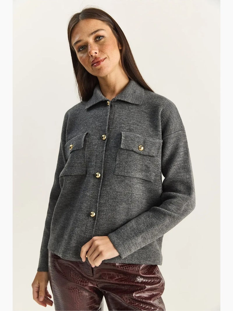 Gilet en maille côtelée avec col polo et fermeture boutonnée lucci Gris Noir - Kiabi