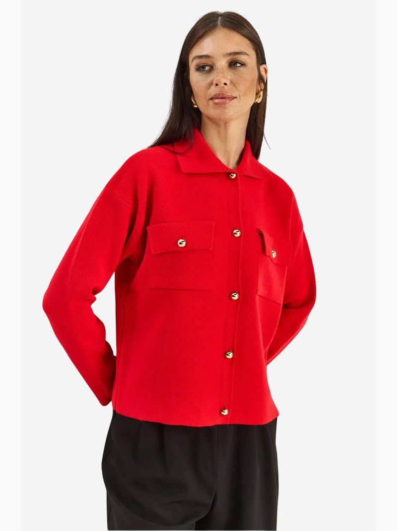 Gilet en maille côtelée avec col polo et fermeture boutonnée lucci Rouge - Kiabi
