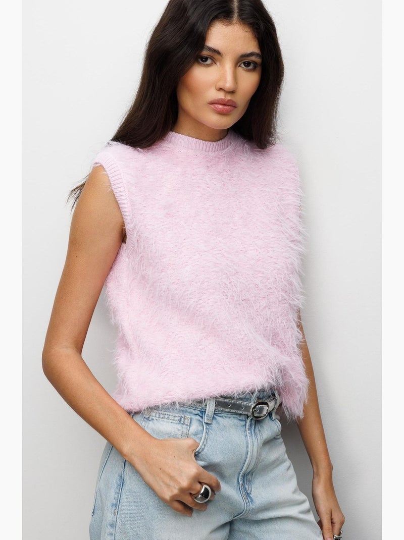 Gilet en maille côtelée avec détails en fausse fourrure mixray Vieux rose - Kiabi