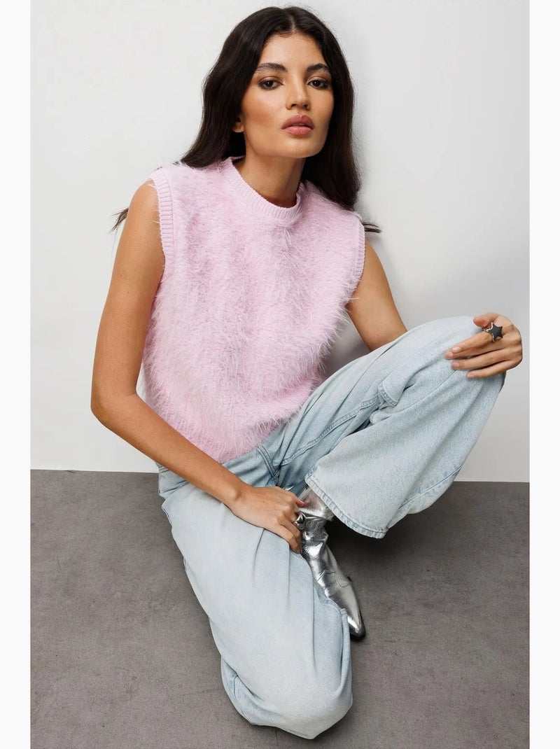 Gilet en maille côtelée avec détails en fausse fourrure mixray Vieux rose - Kiabi