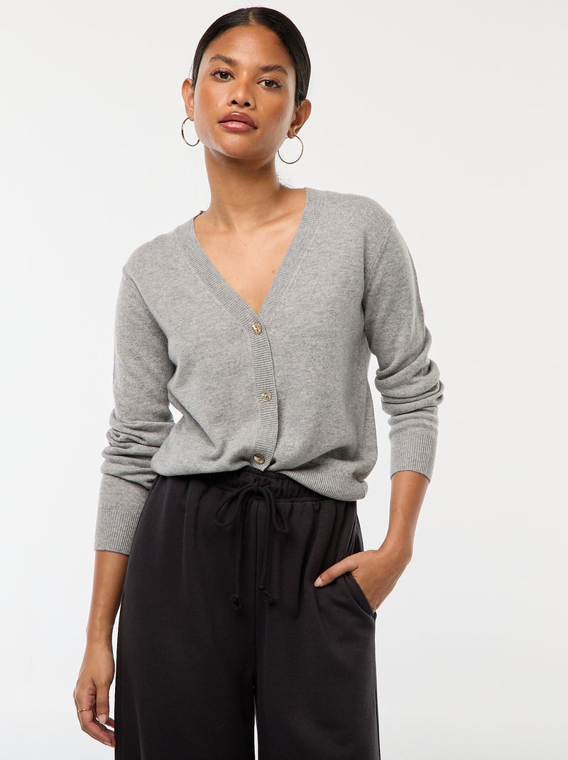 Gilet en maille fine col en V Gris Femme Kiabi