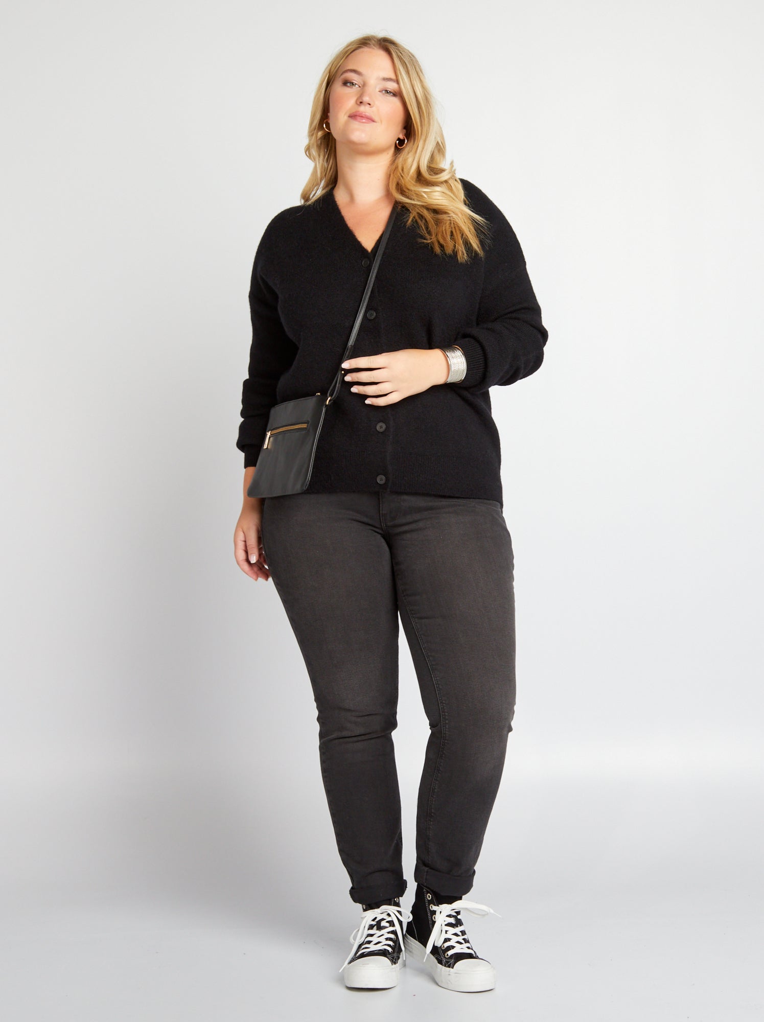 Gilet à col V en maille fine femme noir