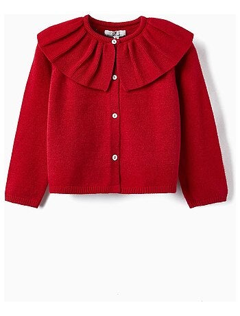 Gilet en maille rouge pour fille. Volant au col. Col manches longues NOËL