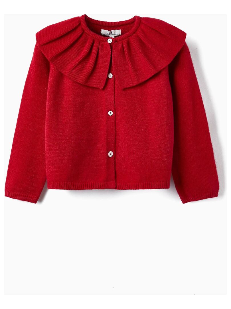 Gilet en maille rouge pour fille. Volant au col. Col manches longues NOEL