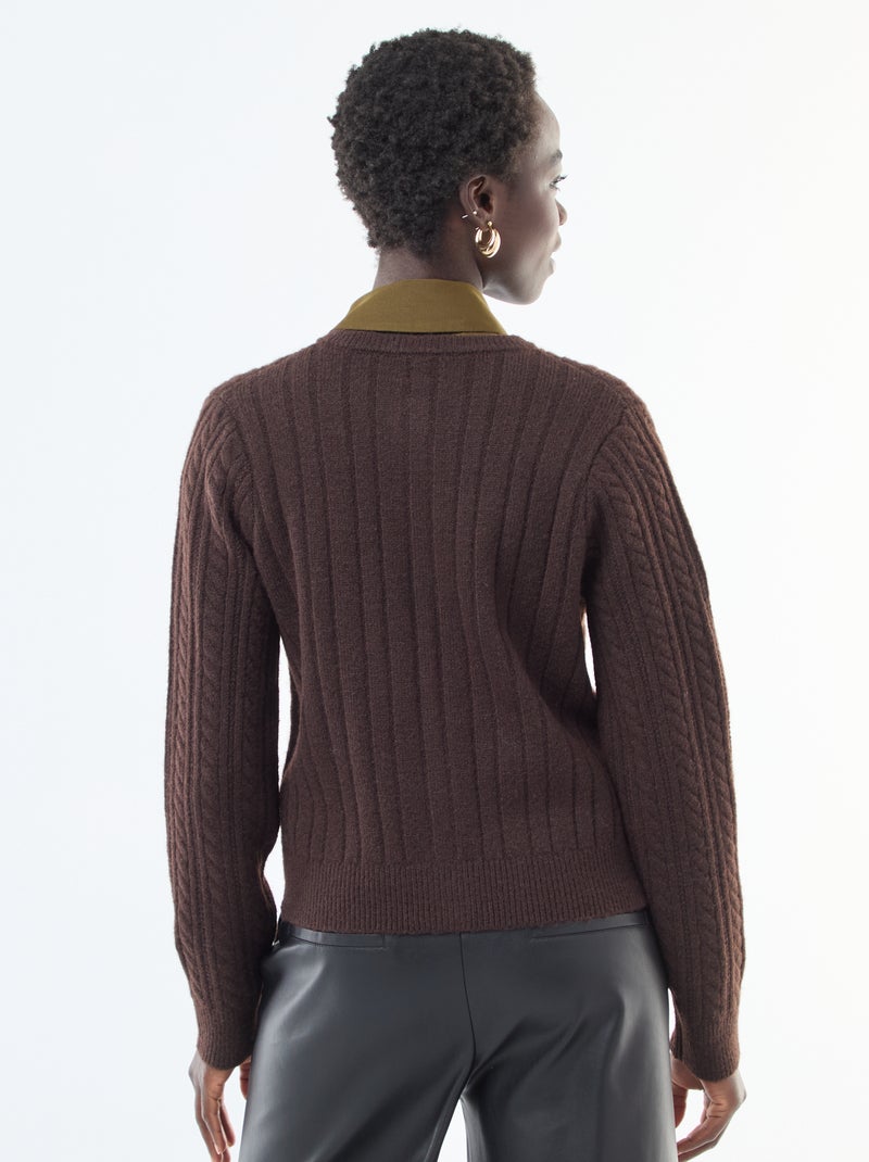 Gilet en maille torsade avec boutonnage doré Marron - Kiabi