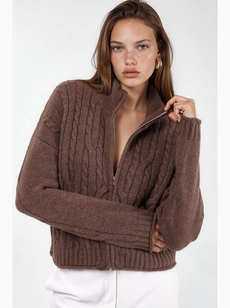 Gilet en maille torsadée à col roulé mi-long avec fermeture éclair hiccup Marron - Kiabi