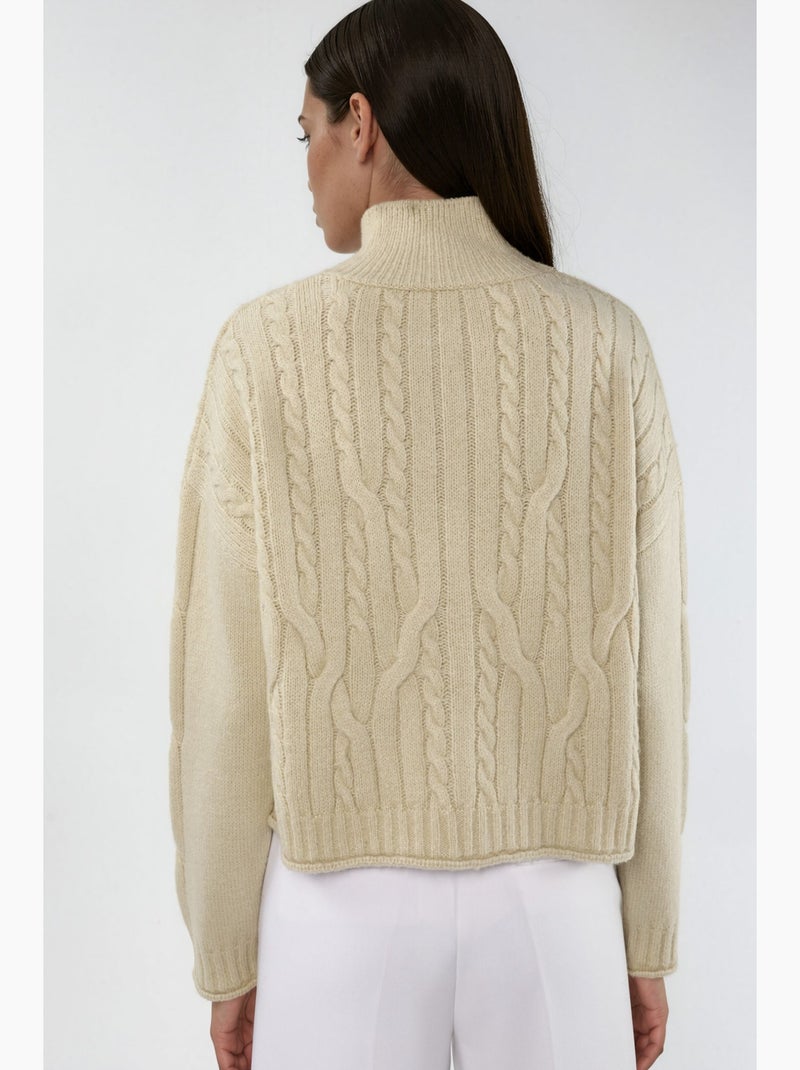 Gilet en maille torsadée à col roulé mi-long avec fermeture éclair hiccup Sable - Kiabi