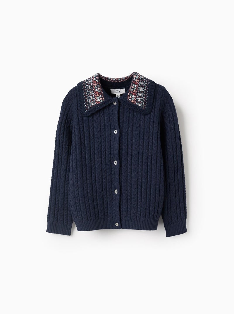 Gilet en Maille Tressée avec Col Floral Bleu foncé - Kiabi