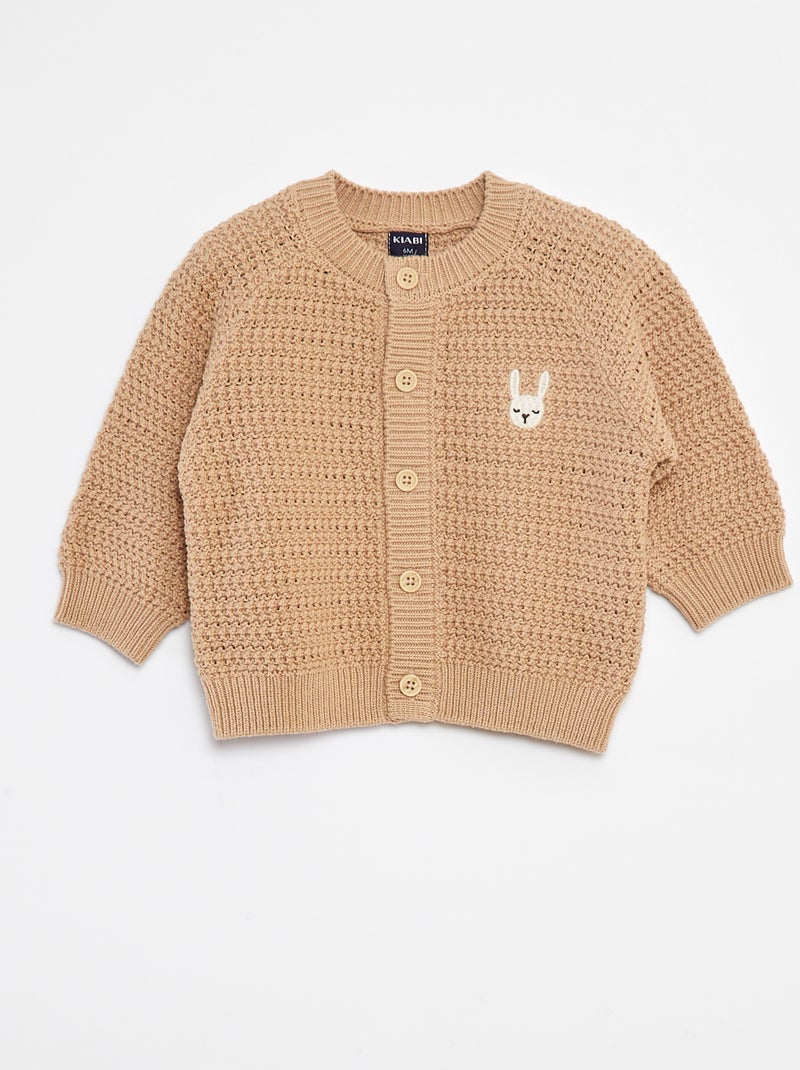 Gilet en maille tricot  avec broderie à la poitrine Beige - Kiabi