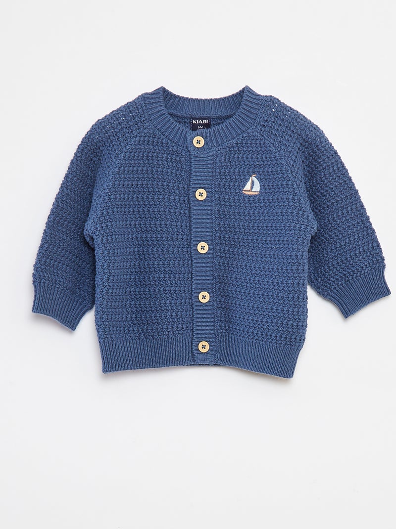 Gilet en maille tricot  avec broderie à la poitrine Bleu - Kiabi