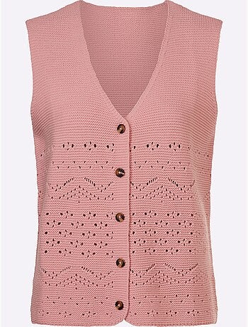 Gilet en tricot à col en V avec motif ajouré et boutons - Taille standard - Moda Vilona