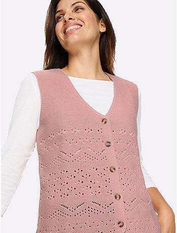 Gilet en tricot à col en V avec motif ajouré et boutons - Taille standard - Moda Vilona