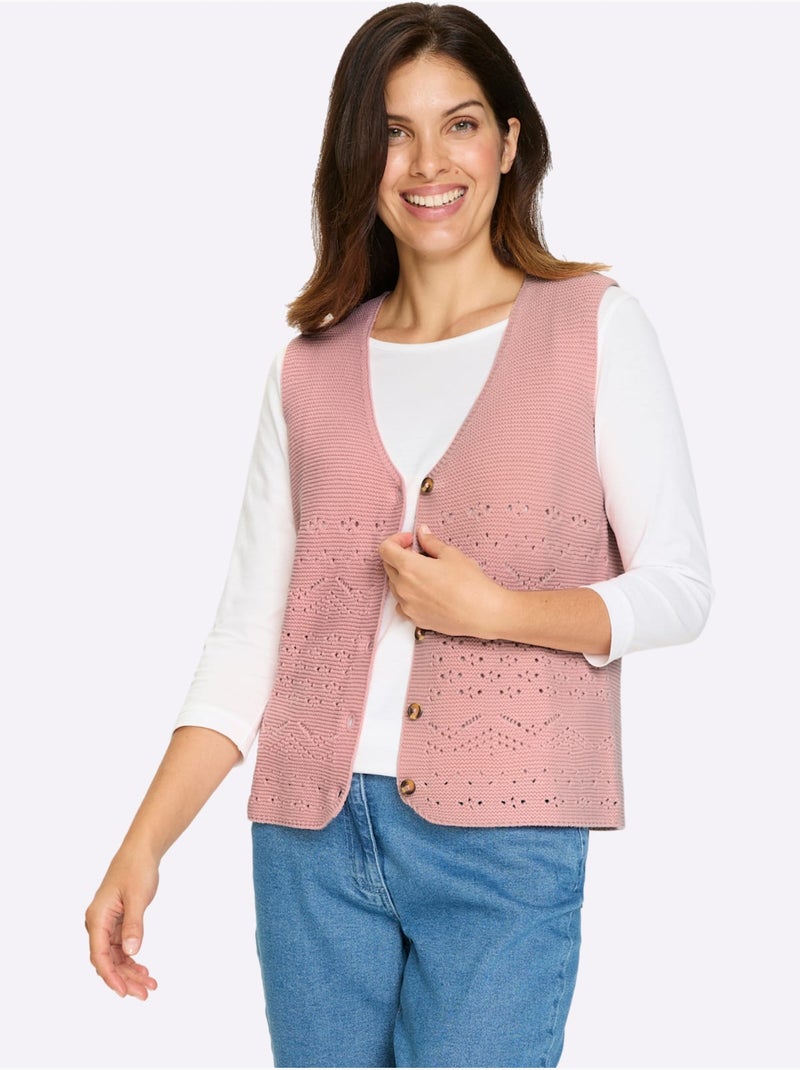 Gilet en tricot à col en V avec motif ajouré et boutons - Taille standard - Moda Vilona Rose - Kiabi