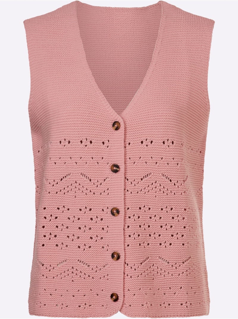 Gilet en tricot à col en V avec motif ajouré et boutons - Taille standard - Moda Vilona Rose - Kiabi