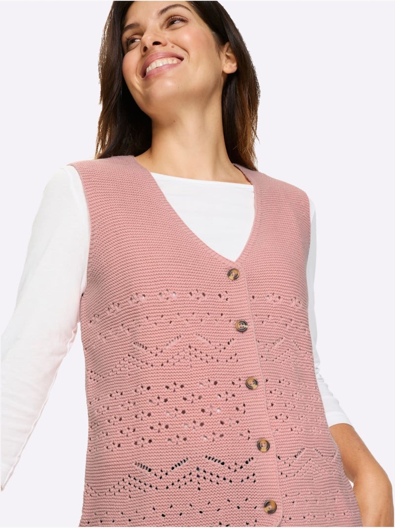 Gilet en tricot à col en V avec motif ajouré et boutons - Taille standard - Moda Vilona Rose - Kiabi
