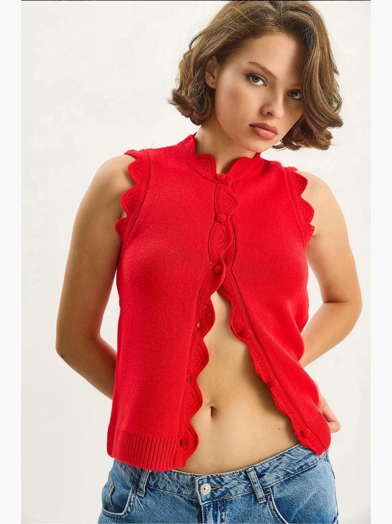 Gilet en tricot à col ras du cou et à volants lucci Rouge - Kiabi