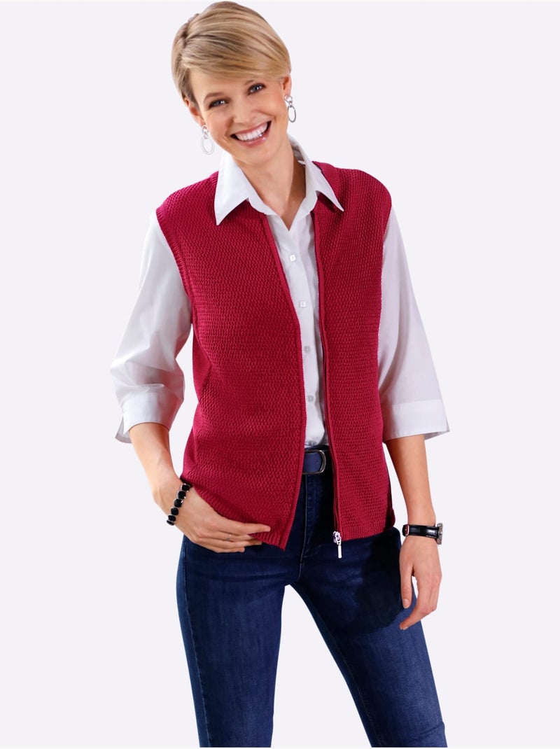 Gilet en tricot à glissière avec ourlet côtelé - taille standard - moda vilona Rouge - Kiabi
