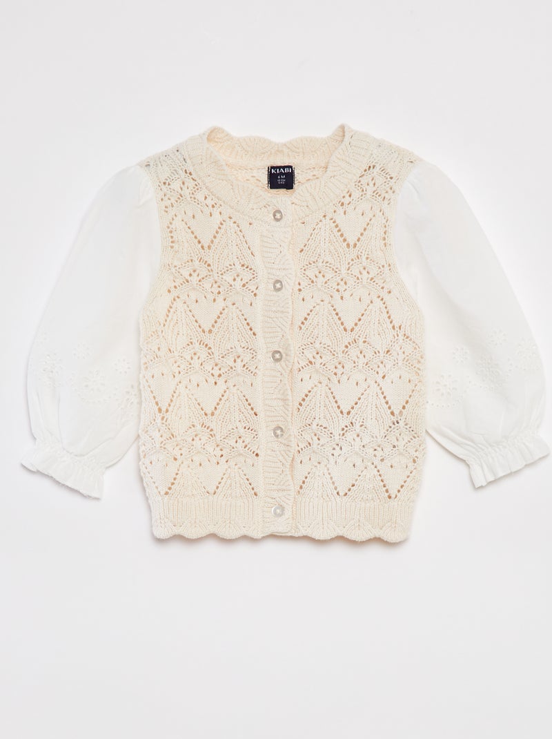 Gilet en tricot boutonné avec manches en gaze de coton BEIGE - Kiabi