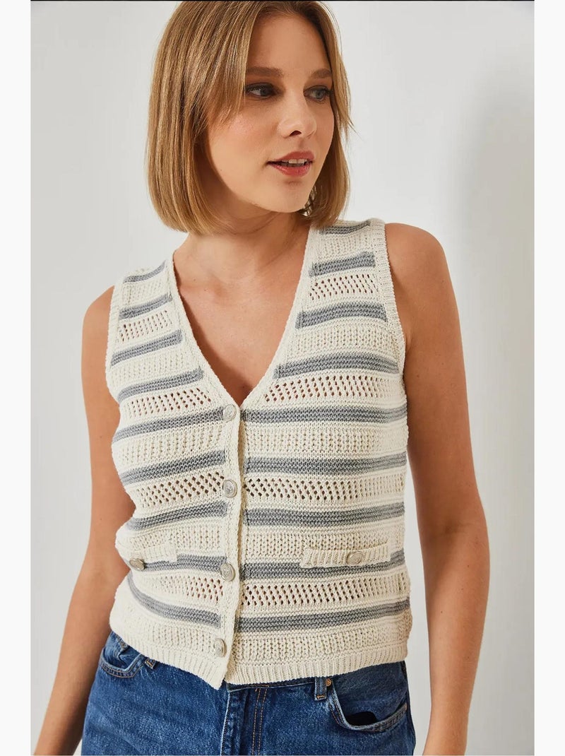 Gilet en tricot rayé à trois boutons et col en v lucci Gris clair - Kiabi