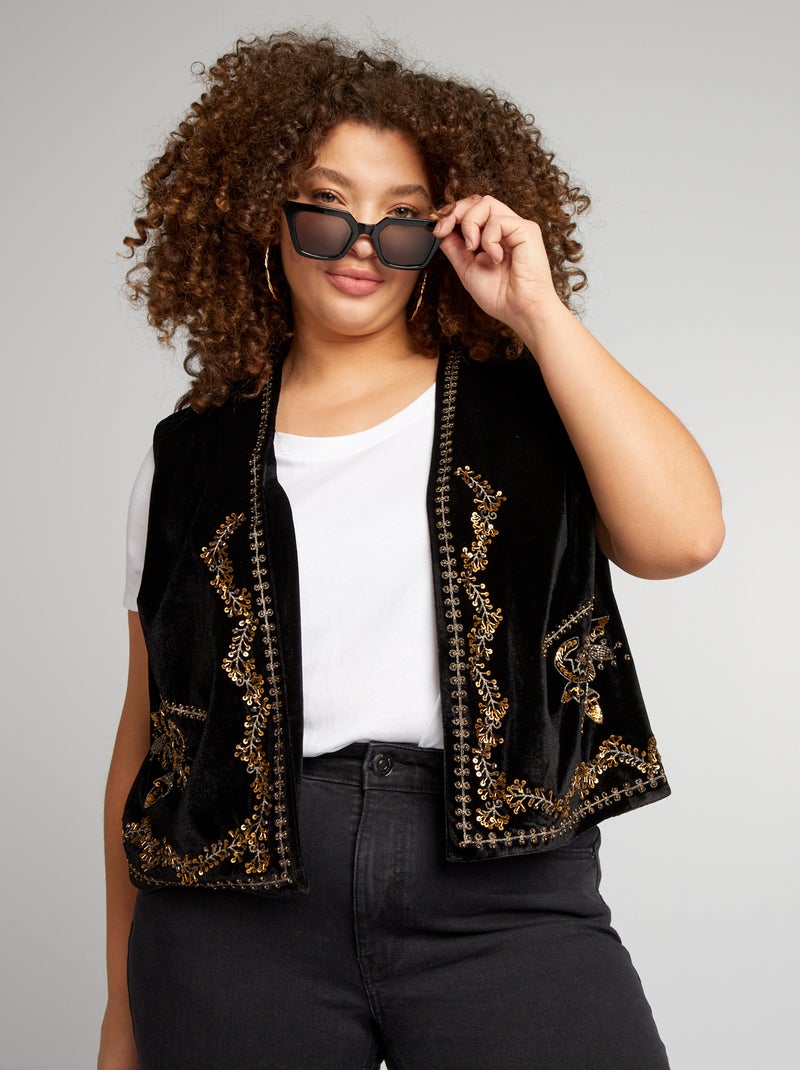 Gilet en velours avec broderie noir - Kiabi