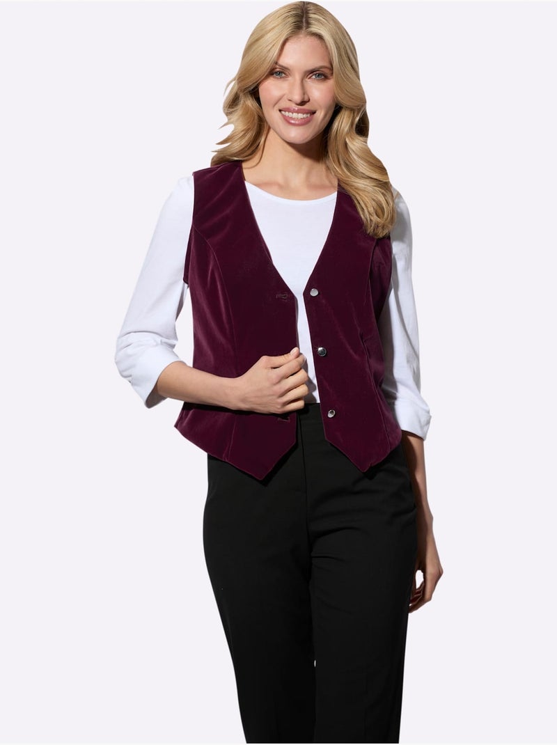 Gilet en velours avec encolure en v et boutons en argent - taille standard - moda vilona Noir Bordeaux - Kiabi