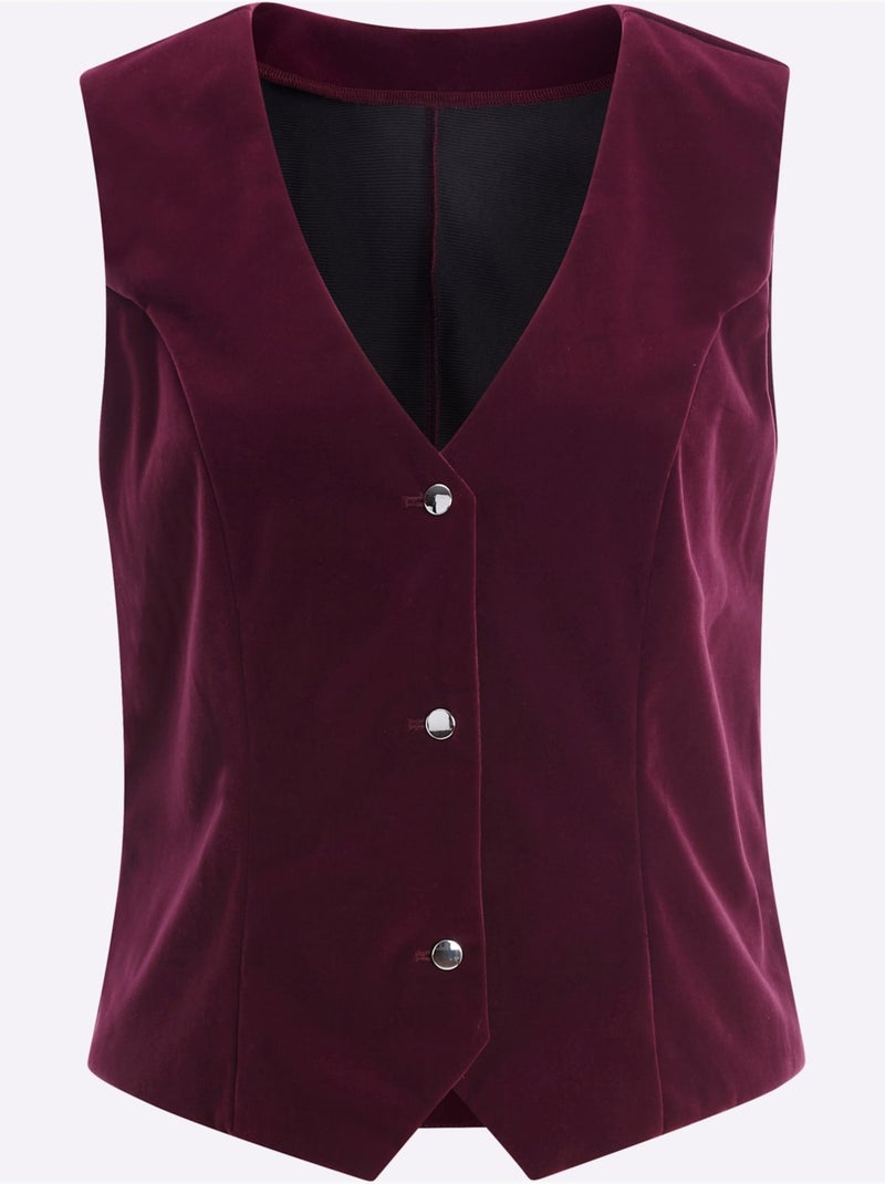 Gilet en velours avec encolure en v et boutons en argent - taille standard - moda vilona Noir Bordeaux - Kiabi