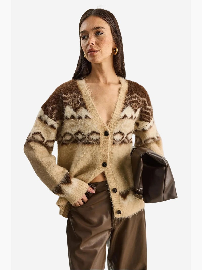 Gilet épais à motif ethnique, col en v et boutons lucci Beige argile - Kiabi