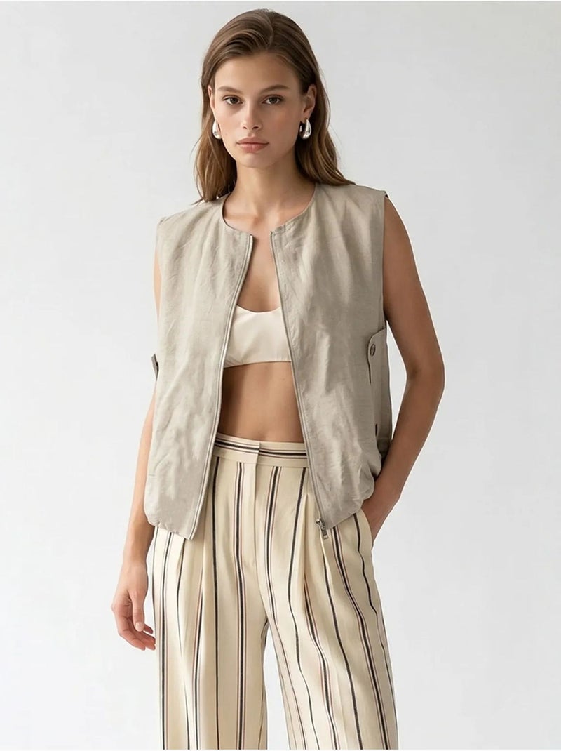 Gilet femme en popeline tissée, fermeture zippée mixray Beige naturel - Kiabi