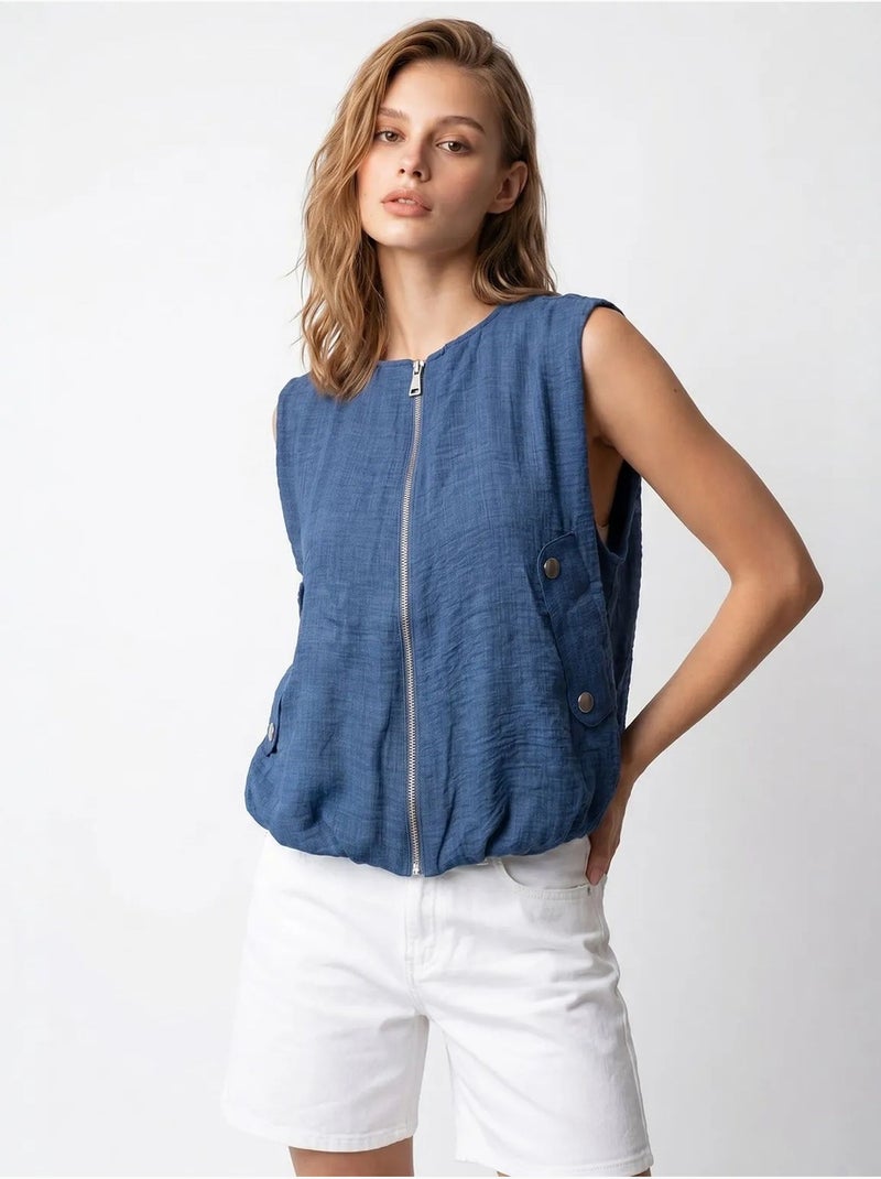 Gilet femme en popeline tissée, fermeture zippée mixray Bleu nuit - Kiabi