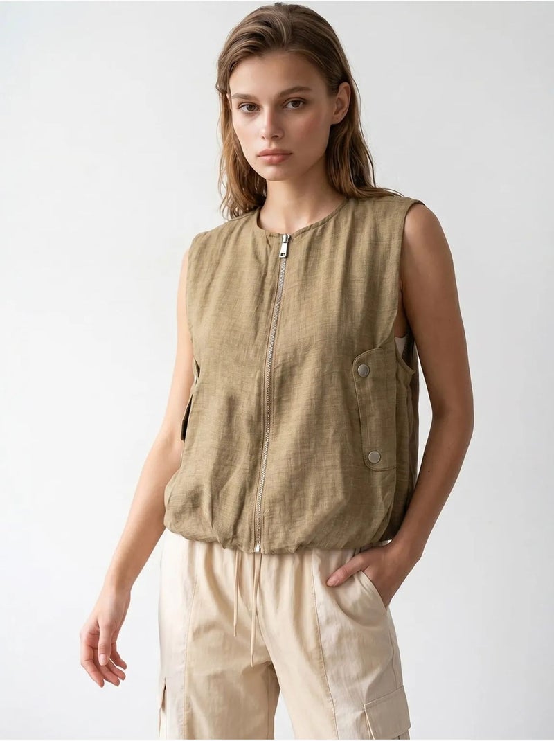 Gilet femme en popeline tissée, fermeture zippée mixray Kaki - Kiabi