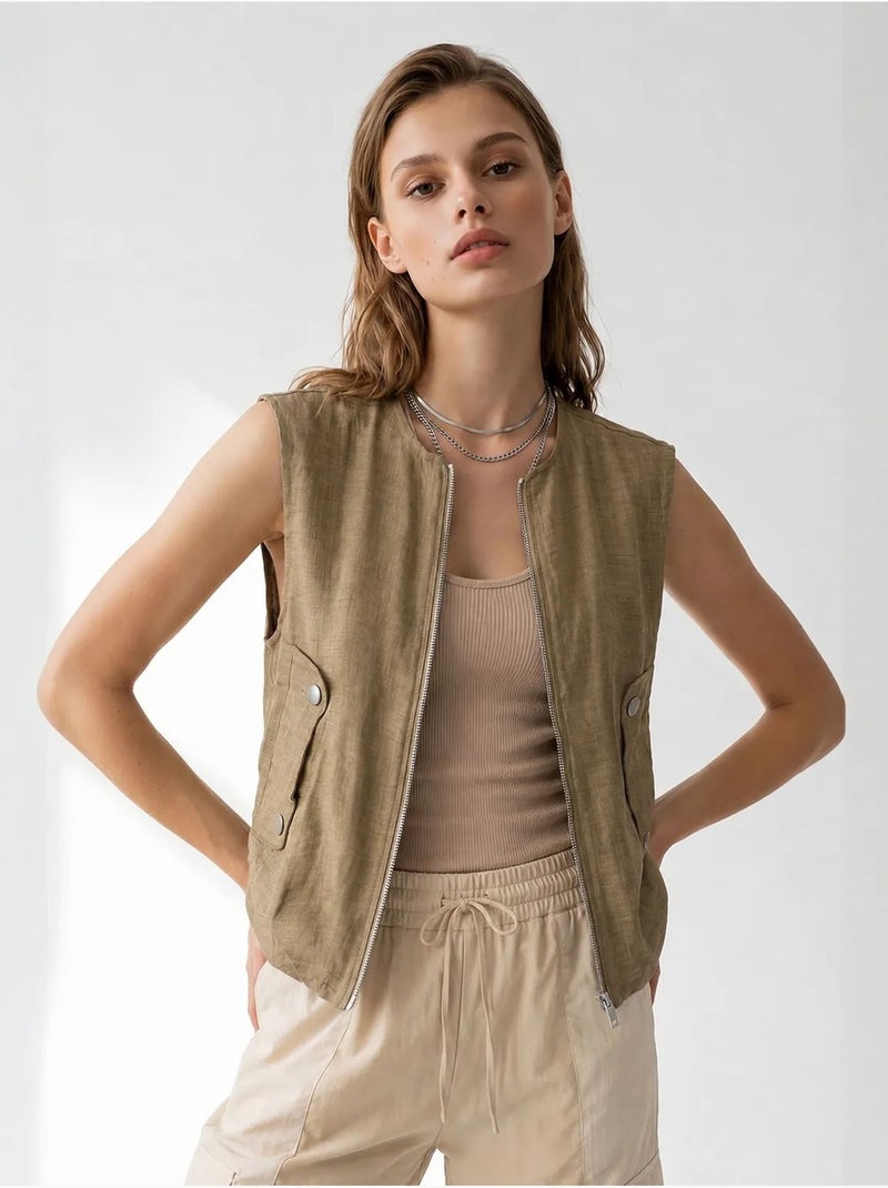 Gilet femme en popeline tissée, fermeture zippée mixray Kaki - Kiabi