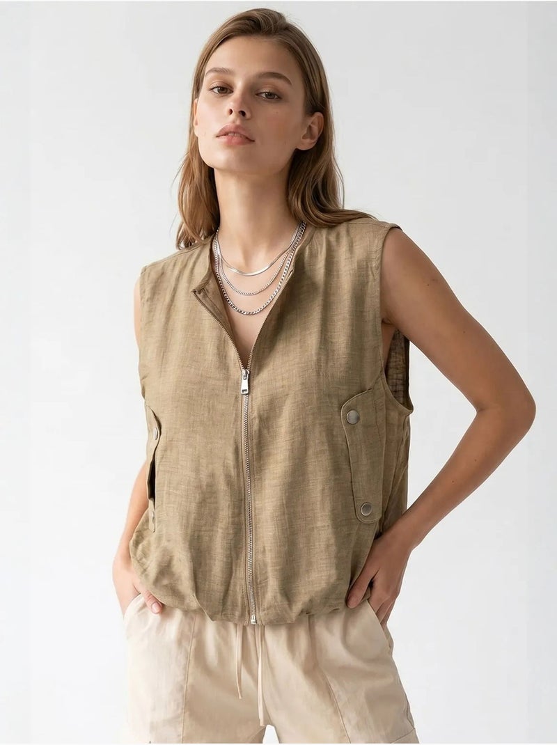 Gilet femme en popeline tissée, fermeture zippée mixray Kaki - Kiabi